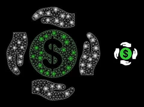 Vector Mesh Web Dollar Care Hands with Bright Wire Frame Flashes Stock Illustration