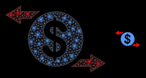 Vector Mesh Web Dollar Exchange Arrows with Light Wire Frame Flares Stock Illustration