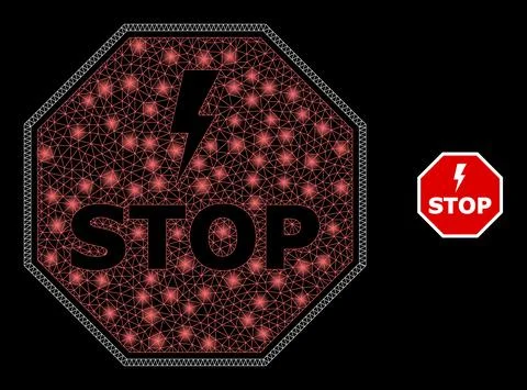 Vector Mesh Web Electricity Stop Octagon with Bright Wire Frame Flashes イラスト素材