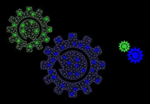 Vector Mesh Web Gears Rotation with Shiny Wire Frame Flashes Stock Illustration