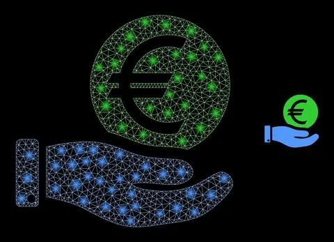 Vector Mesh Web Hand Offer Euro Coin with Majestic Network Flashes Stock Illustration