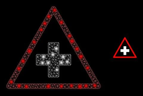 Vector Mesh Web Medical Warning Triangle with Light Network Flashes Stock Illustration