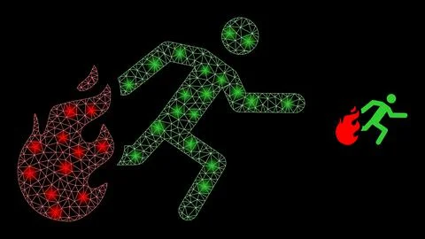 Vector Mesh Web Person Running Away from Fire with Shiny Wire Frame Spots Stock Illustration