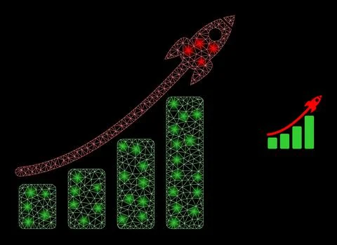 Vector Mesh Web Rocket Bar Chart with Bright Constellation Stars Illustrazione stock