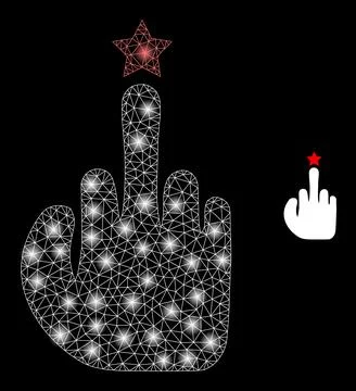 Vector Mesh Web Rude Finger Gesture with Bright Constellation Spots Stock Illustration