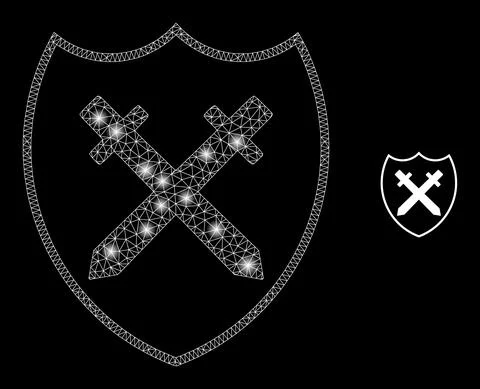 Vector Mesh Web Shield and Swords with Light Carcass Flashes Stock Illustration