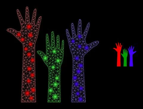 Vector Mesh Web Voting Hands Up with Illumitated Network Stars 스톡 일러스트
