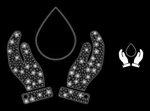 Vector Mesh Web Water Drop Care Hands with Glitter Constellation Dots Illustrazione stock