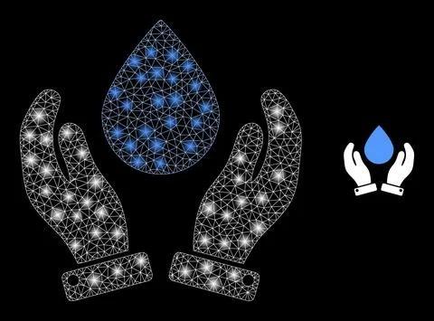 Vector Mesh Web Water Drop Care Hands with Illumitated Constellation Flashes Stock Illustration