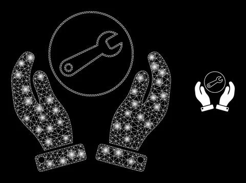 Vector Mesh Web Wrench Repair Hands with Bright Constellation Spots Stock Illustration