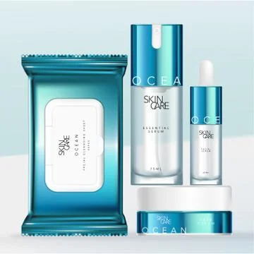 Vector Metallic Blue &amp; White Design Beauty or Toiletries Packaging Stock Illustration