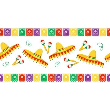Vector Mexican endless border of paper cutting flags, sombrero, chilli pepper Stockillustratie