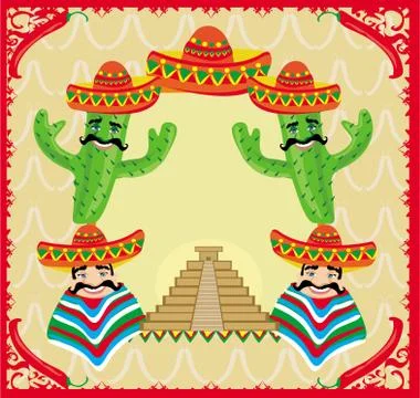 Vector mexican frame with pyramid, cactus and sombrero Stock Illustration