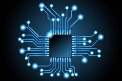 Vector microchip CPU and glowing conductive tracks Stock Illustration