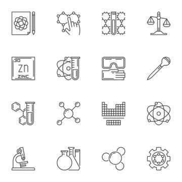 Vector microscope, atom, molecule, chemistry outline icons Stock Illustration