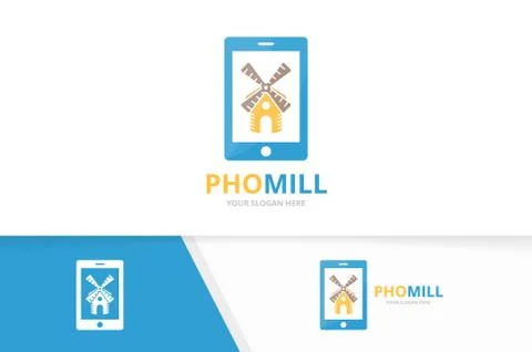 Vector mill and phone logo combination. Farm and mobile symbol or icon. Unique Stock Illustration