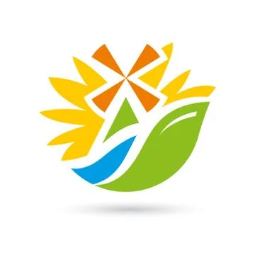 Vector mill on the river sunflower sign Stock Illustration