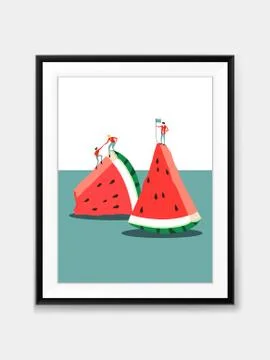 Vector Mini People and Watermelon Painting on Wall with Black Frame Stock Illustration