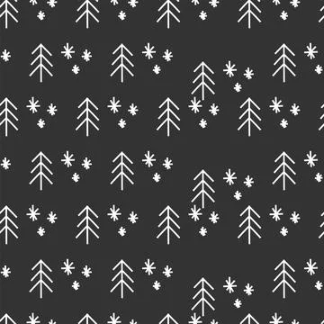 Vector. Minimalism backgrounds. Simple hand drawn fir tree and snowflakes. Stock Illustration