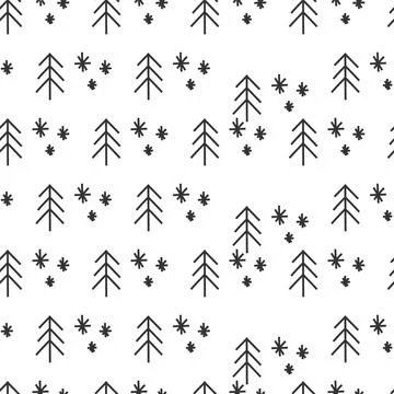 Vector. Minimalism backgrounds. Simple hand drawn fir tree and snowflakes. Stock Illustration