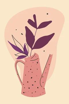 Vector minimalistic boho style art, hand drawn water can, leaves branch Stock Illustration