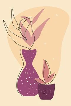 Vector minimalistic boho wall art, hand drawn foliage line design, vase, flower Stock Illustration