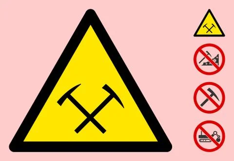 Vector Mining Hammers Warning Triangle Sign Icon Stock Illustration