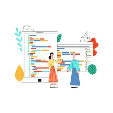 Vector mobile apps development girl, man laptop Stock Illustration