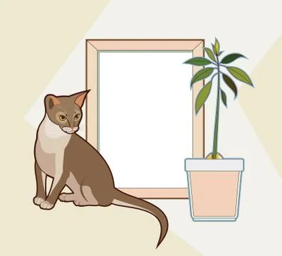 Vector mock up wooden frame, sitting abyssinian cat and avocado plant. Interi Stock Illustration