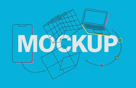 Vector mockup with laptop, phone, and papers on turquoise background 库存插图