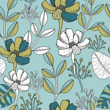 Vector modern art florals seamless pattern with light green background Stock Illustration