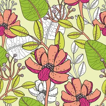 Vector modern art florals seamless pattern with light green background Illustrazione stock