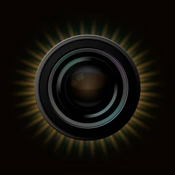 Vector modern camera icon with orange rays on dark background 스톡 일러스트