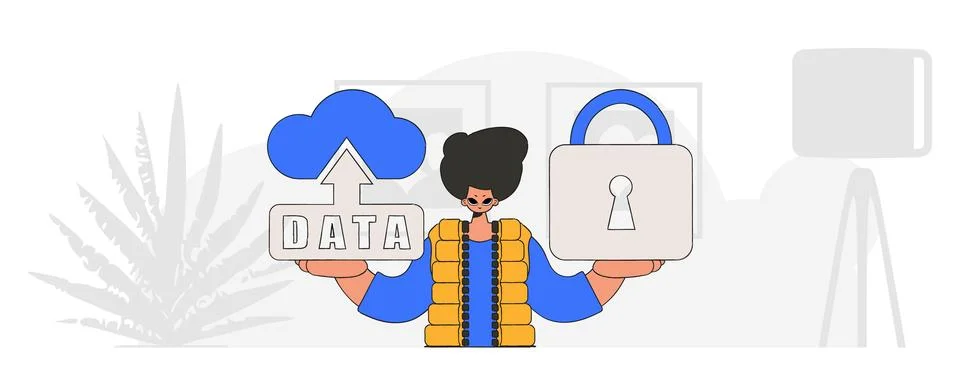 Vector modern character style of a man with a cloud storage and padlock. Stock Illustration