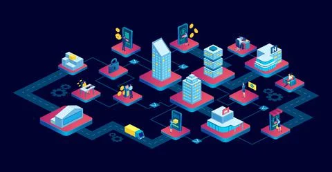 Vector of a modern city with a network of online services health care, bankin Stock Illustration