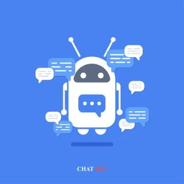 Vector modern flat chat bot with speech bubble icons on blue background. Illustrazione stock