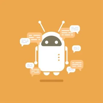 Vector modern flat chat bot with speech bubble icons on orange background. Stock Illustration