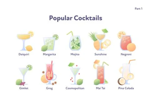 Vector modern flat cocktail illustration set. Stock Illustration