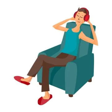 Vector modern flat design man wearing headphones listening music Stock Illustration