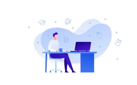 Vector modern flat education illustration. Male sitting on table with laptop. Stock Illustration