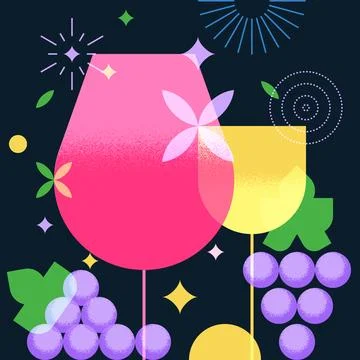 Vector modern flat illustration of wine bottle, glasses, liquid wine drop and Stock Illustration