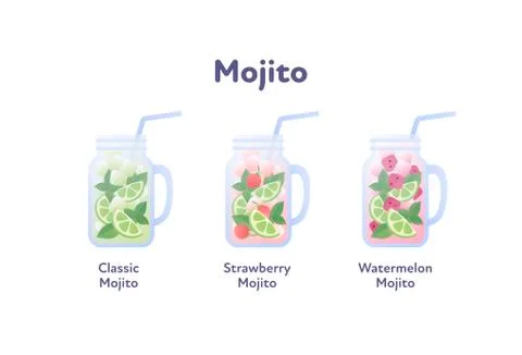 Vector modern flat mojito cocktail illustration set. Stock Illustration