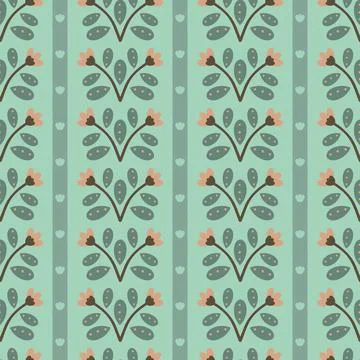 Vector Modern Folklore Floral Stripes on Green seamless pattern background Stock Illustration