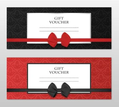 Vector modern gift voucher template set with floral pattern and beautiful bow Stock Illustration