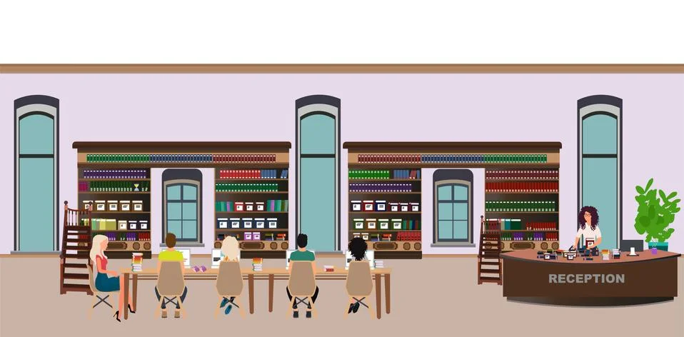 Vector of a modern library interior and people sitting inside Stock Illustration