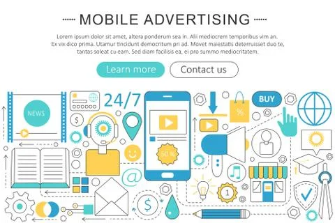 Vector modern line flat Mobile advertising marketing sales concept. Mobile Stock Illustration