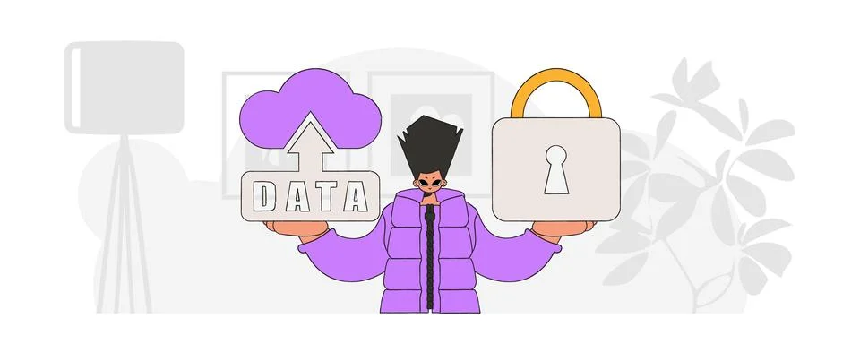 Vector modern man using cloud storage with padlock. Stock Illustration