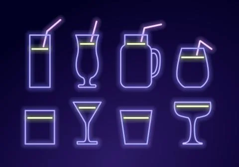 Vector modern neon light cocktail icon set. Stock Illustration