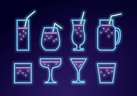 Vector modern neon light sparkling cocktail icon set. Stock Illustration
