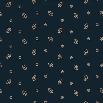 Vector modern seamless pattern. Gold coffee with leaves on dark blue backgrou Stock Illustration